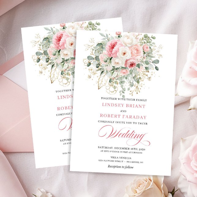Romantic Blush Roses Greenery Gold Wedding Invite (Romantic Blush Roses Greenery Gold Wedding Invite)