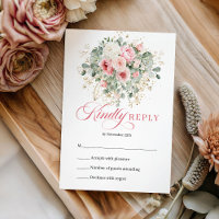 Romantic Blush Roses Greenery Gold Wedding RSVP