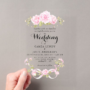 Romantic Blush Roses & Pink Bow Wedding Acrylic Invitations