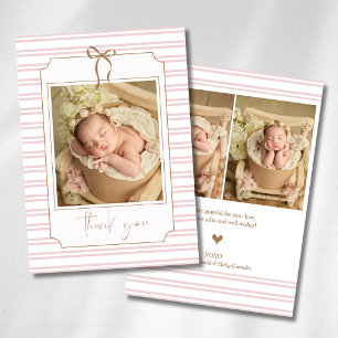 Romantic Blush Striped Gold Bow Baby Photo Announcement