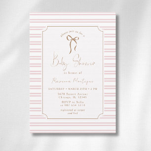 Romantic Blush Striped Gold Frame Bow Baby Shower Invitation