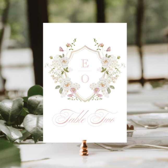 Romantic Blush White Monogram Crest Table Number (Creator Uploaded)