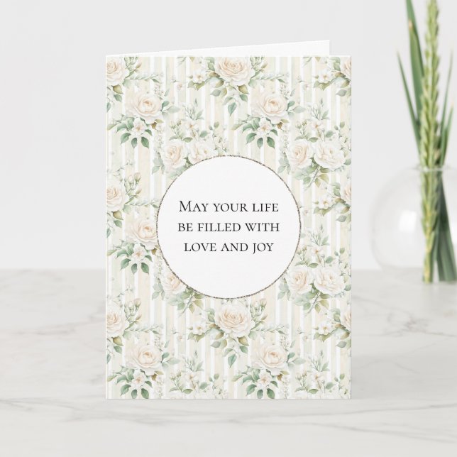 Romantic Blush White Rose Floral Stripes Wedding Card (Front)