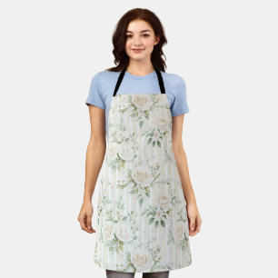 Romantic Blush White Roses Floral Stripes   Apron