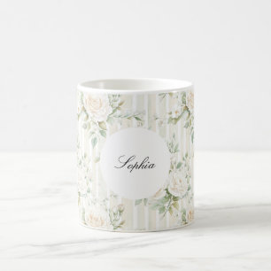 Romantic Blush White Roses Floral Stripes   Coffee Mug