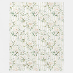 Romantic Blush White Roses Floral Stripes   Fleece Blanket