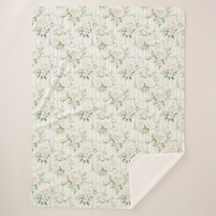 Romantic Blush White Roses Floral Stripes   Sherpa Blanket