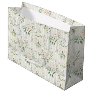 Romantic Blush White Roses Floral Stripes Wedding Large Gift Bag