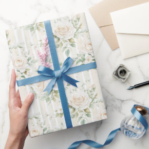 Romantic Blush White Roses Floral Stripes Wedding Wrapping Paper
