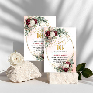 Romantic Bohemian Burgundy Floral Sweet 16 Invites