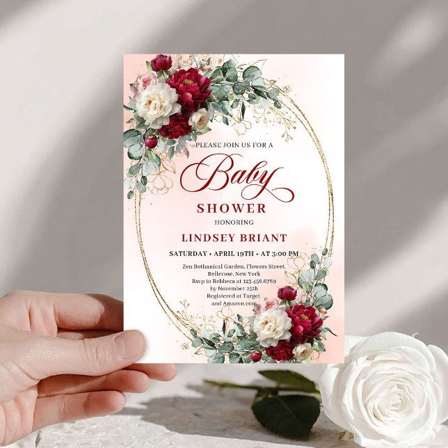 Romantic Bohemian Deep Red Floral Baby Shower Invitation (Romantic Bohemian Deep Red Floral Baby Shower)