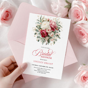 Romantic Bohemian Red White Greenery Bridal Shower Invitation