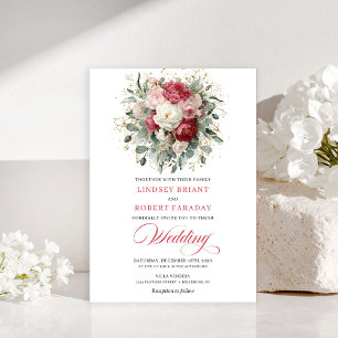 Romantic Bohemian Red White Greenery Gold Wedding Invitation