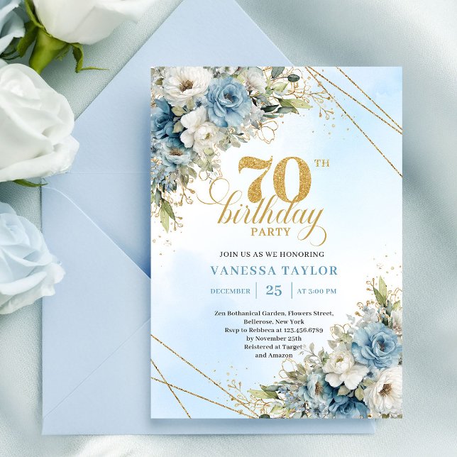 Romantic boho blue florals gold frame 70th birthda invitation (Romantic boho blue florals gold frame 70th birthday

)