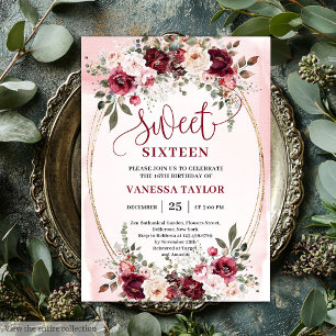 Romantic Boho Burgundy Blush Floral Sweet Sixteen Invitation