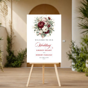 Romantic Boho Burgundy Flowers Greenery Welcome  Poster