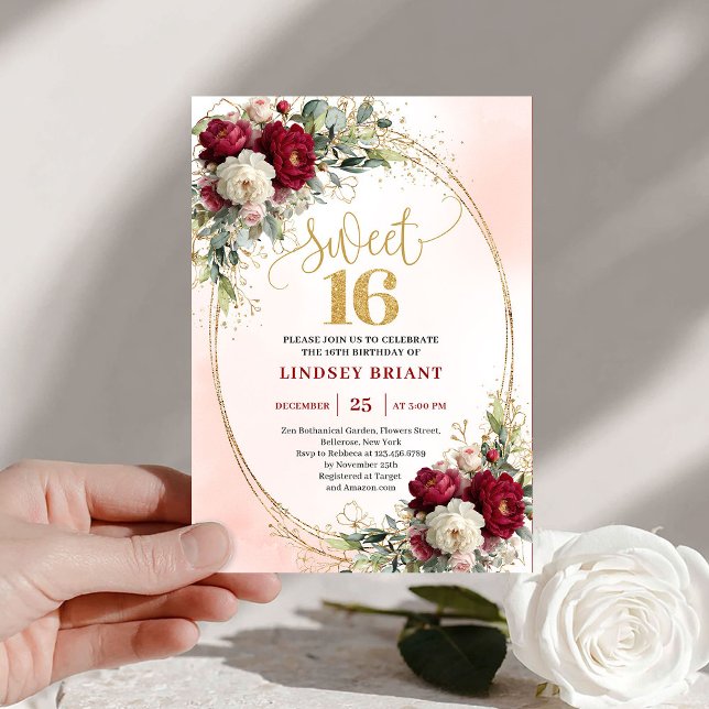 Romantic Boho Burgundy Gold Floral Sweet Sixteen  Invitation (Romantic Boho Burgundy Gold Floral Sweet Sixteen Invite)