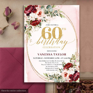 Romantic Boho Burgundy Gold Roses 60th Birthday Invitation