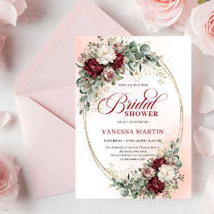 Romantic Boho Burgundy Greenery Gold Bridal Shower Invitation