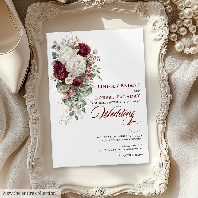 Romantic Boho Burgundy White Rose Wedding Invite (Romantic Boho Burgundy White Rose Wedding Invite)