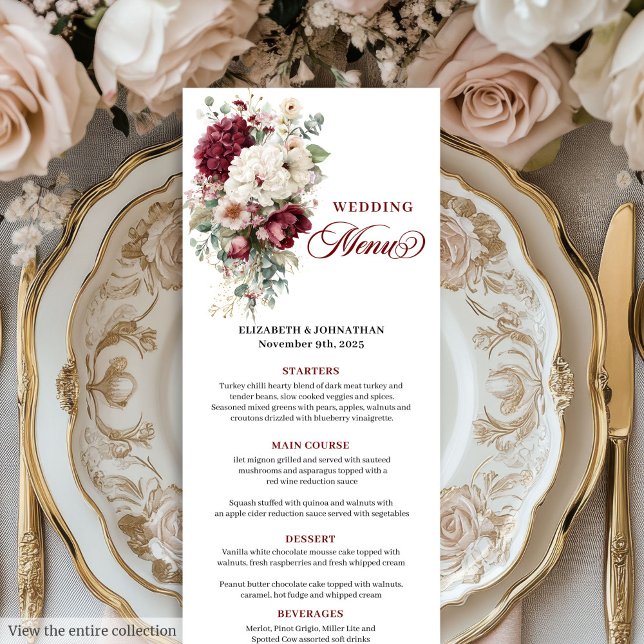 Romantic Boho Burgundy White Rose Wedding Menu (Romantic Boho Burgundy White Rose Wedding Menu)