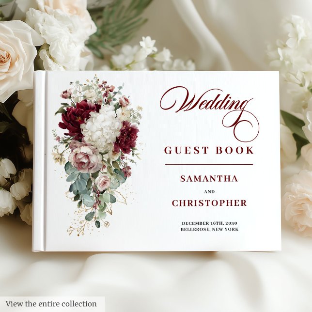 Romantic Boho Burgundy White Wedding Guest Book (Romantic Boho Burgundy White Wedding Guest Book)