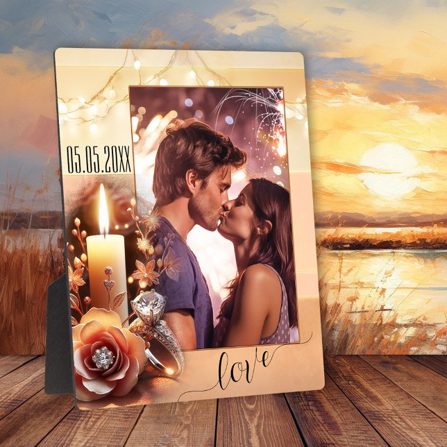 Romantic Boho Chic Engagement Photo Plaque (Engagement photo plaque showing your photo on a boho chic candle lit design with a script love text)