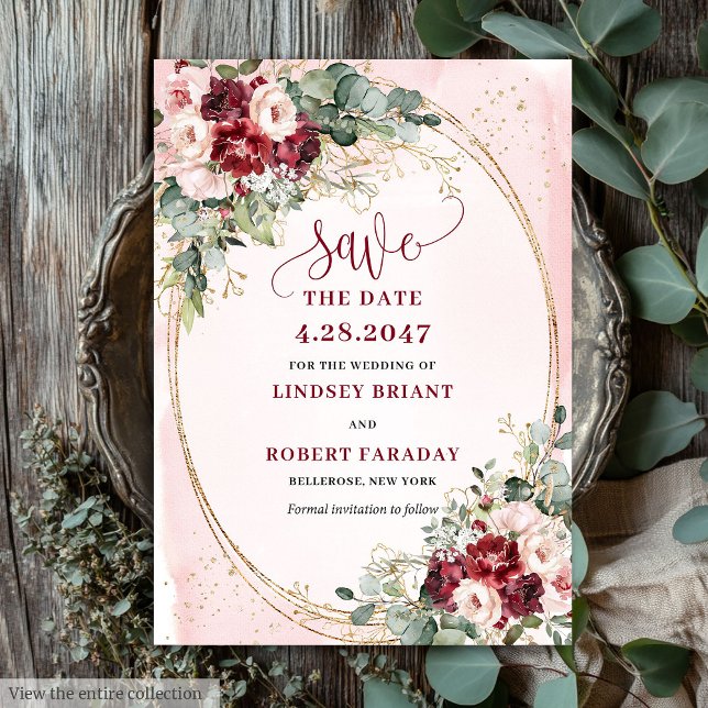 Romantic Boho Deep Red Blush Gold Floral Save It Invitation (Romantic Boho Deep Red Blush Gold Floral Save It)