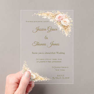 Romantic Boho Elegant Pink Autumn Rose  Acrylic Invitations