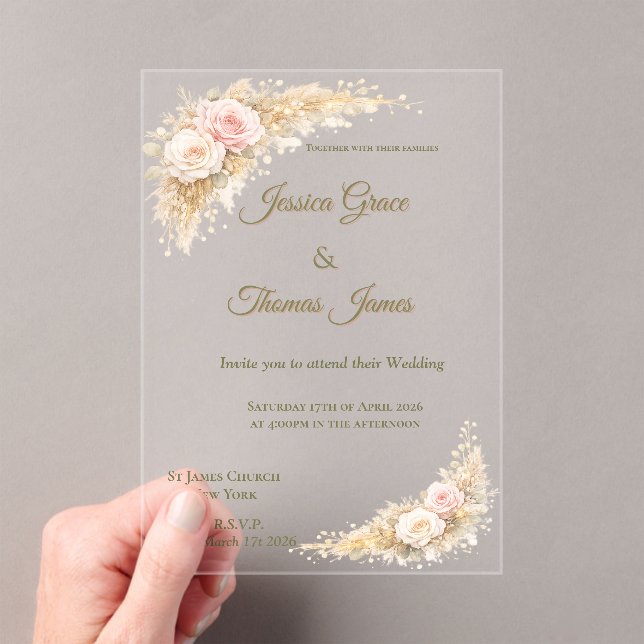 Romantic Boho Elegant Pink Autumn Rose  Acrylic Invitations (Insitu (Handheld))
