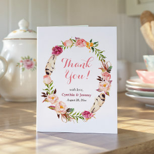 Romantic Boho Feather Floral Wreath Thank You Card