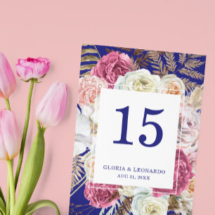 Romantic Boho Floral Navy Blue Wedding Table Number