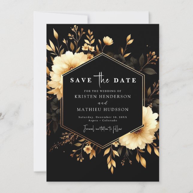 Romantic Boho Gold and Black Wedding Save The Date (Front)