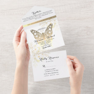 Romantic Boho Gold Wedding All In One Invitation