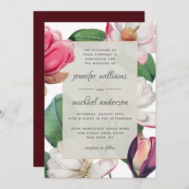 Romantic Boho Magnolia Blossoms Elegant Floral Invitation (Front/Back)