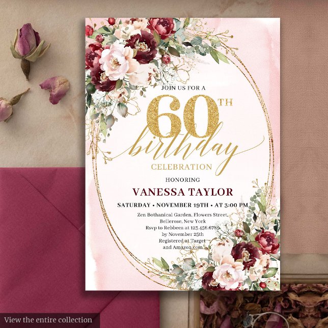 Romantic Boho Marsala Gold Floral 60th Birthday Invitation (Romantic Boho Marsala Gold Floral 60th Birthday)