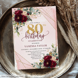 Romantic Boho Marsala Gold Flowers 80th Birthday  Invitation