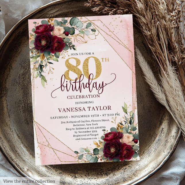 Romantic Boho Marsala Gold Flowers 80th Birthday  Invitation (Romantic Boho Marsala Gold Flowers 80th Birthday Invitation)