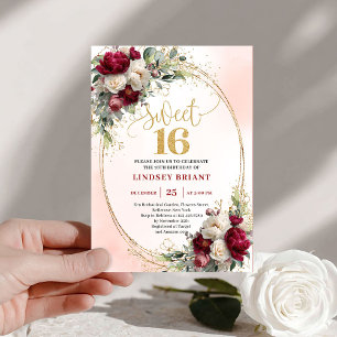 Romantic Boho Merlot Gold Floral Sweet Sixteen  Invitation