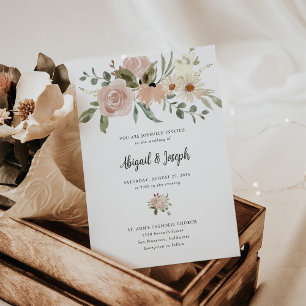 Romantic Boho Neutral Watercolor Flowers Wedding Invitation