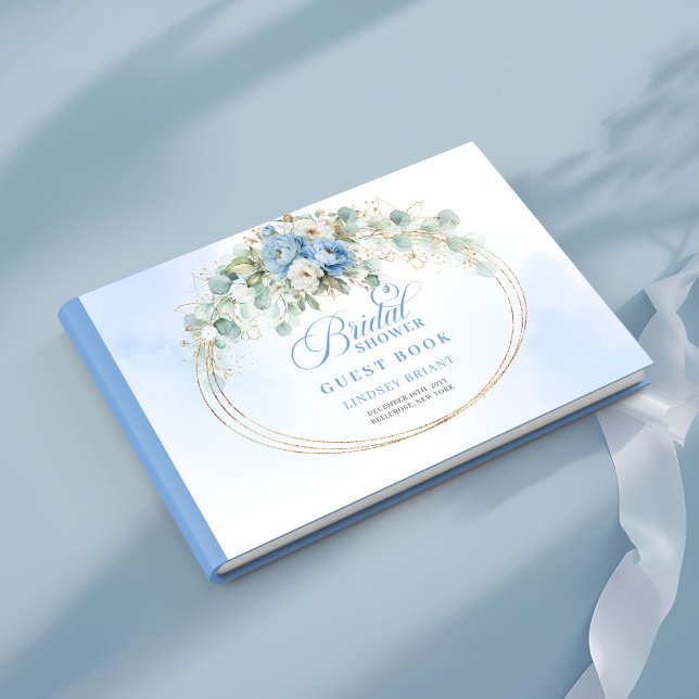 Romantic Boho Pastel Blue Flowers Greenery Gold Guest Book (Romantic Pastel Blue Flowers Greenery Gold Guest Book)