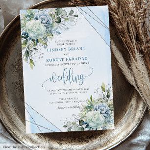 Romantic Boho Pastel Blue Silver Peonies Wedding  Invitation