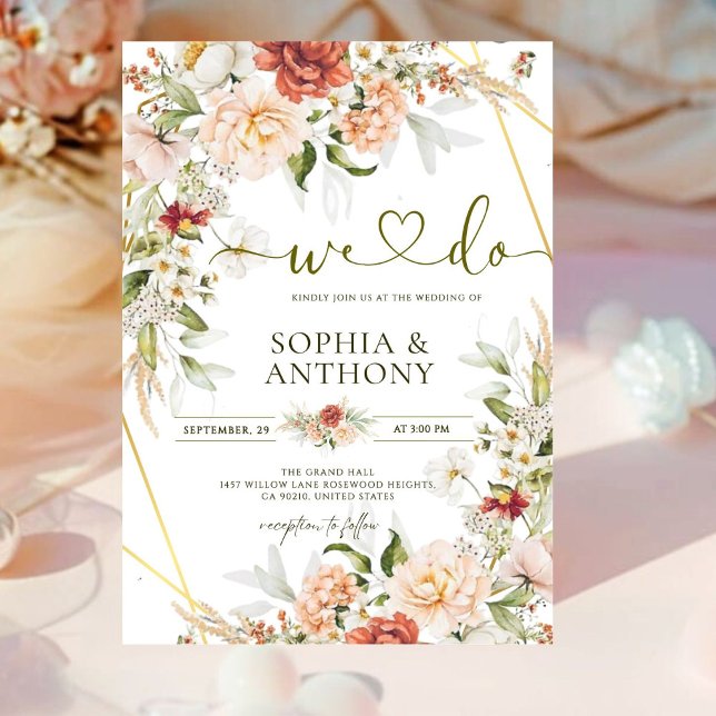 Romantic Boho Peony Rose Ranunculus Gold Wedding Invitation (Creator Uploaded)