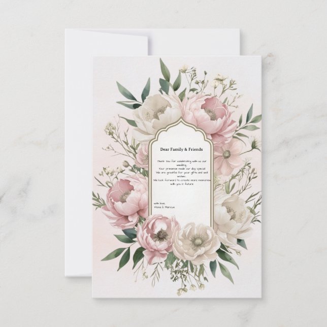 Romantic Boho Pink Peonies & Ivory Florals Wedding Thank You Card (Front)