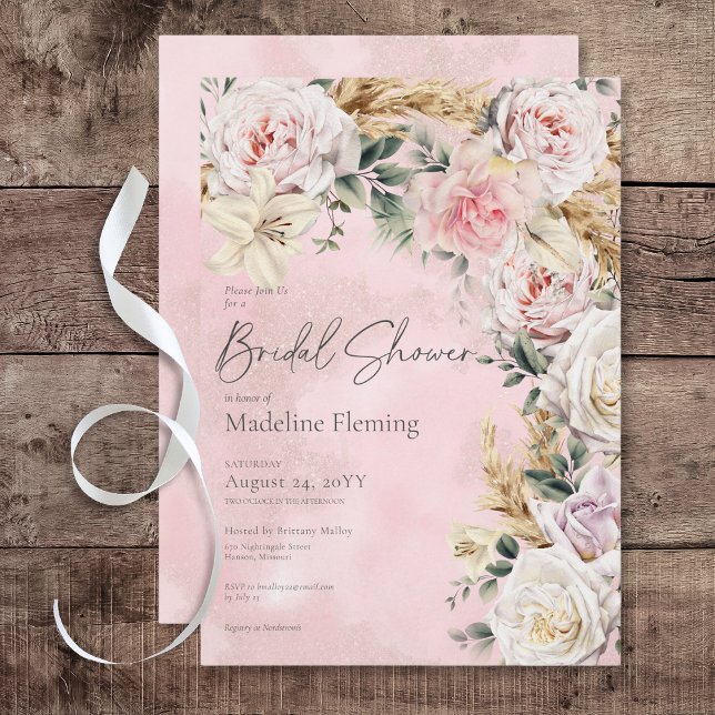 Romantic Boho Pink Roses & Pampas Bridal Shower Invitation (Romantic Boho Pink Roses & Pampas Bridal Shower Invitation)