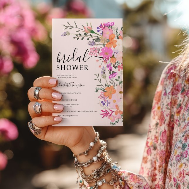 Romantic boho pink wildflower garden bridal shower invitation (Romantic boho pink wildflower garden bridal shower invitation)