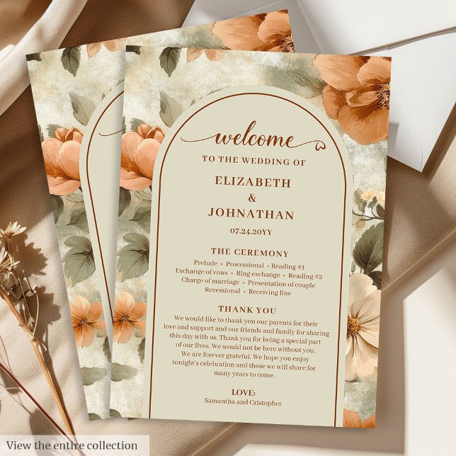 Romantic Boho Rust Ivory Olive Sage Floral Wedding Program (Romantic Boho Rust Ivory Olive Floral Wedding Program)