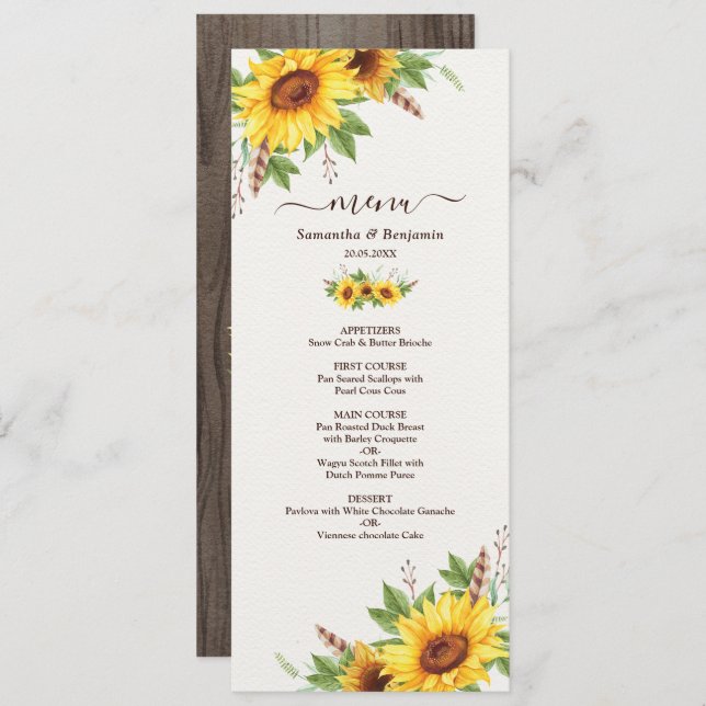 Romantic Boho Sunflowers Wedding Menu Card (Front/Back)