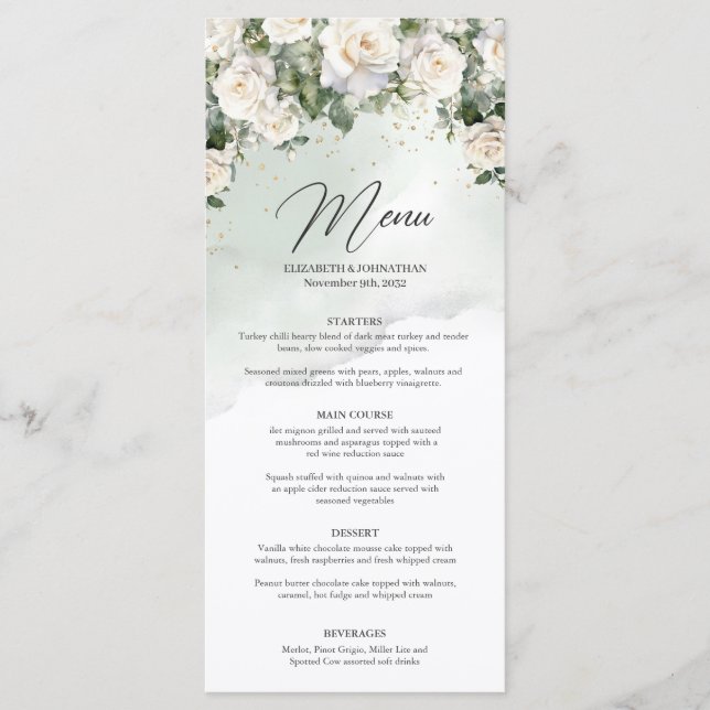 Romantic boho white roses and greenery gold dinner menu (Front)