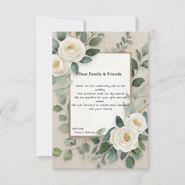 Romantic Boho White Roses Elegant  Wedding Thank You Card (Front)